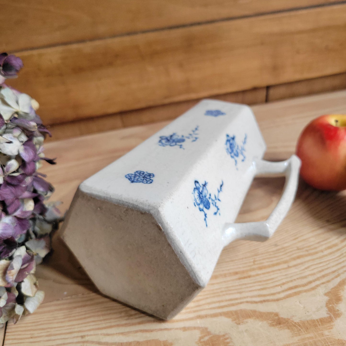 Antique Hexagonal St Uze Jug with Blue Floral Decoration, France c.1910