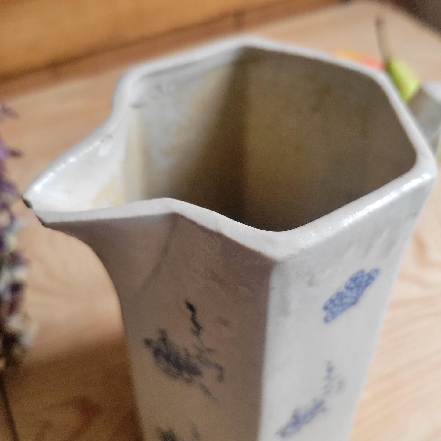 Antique Hexagonal St Uze Jug with Blue Floral Decoration, France c.1910