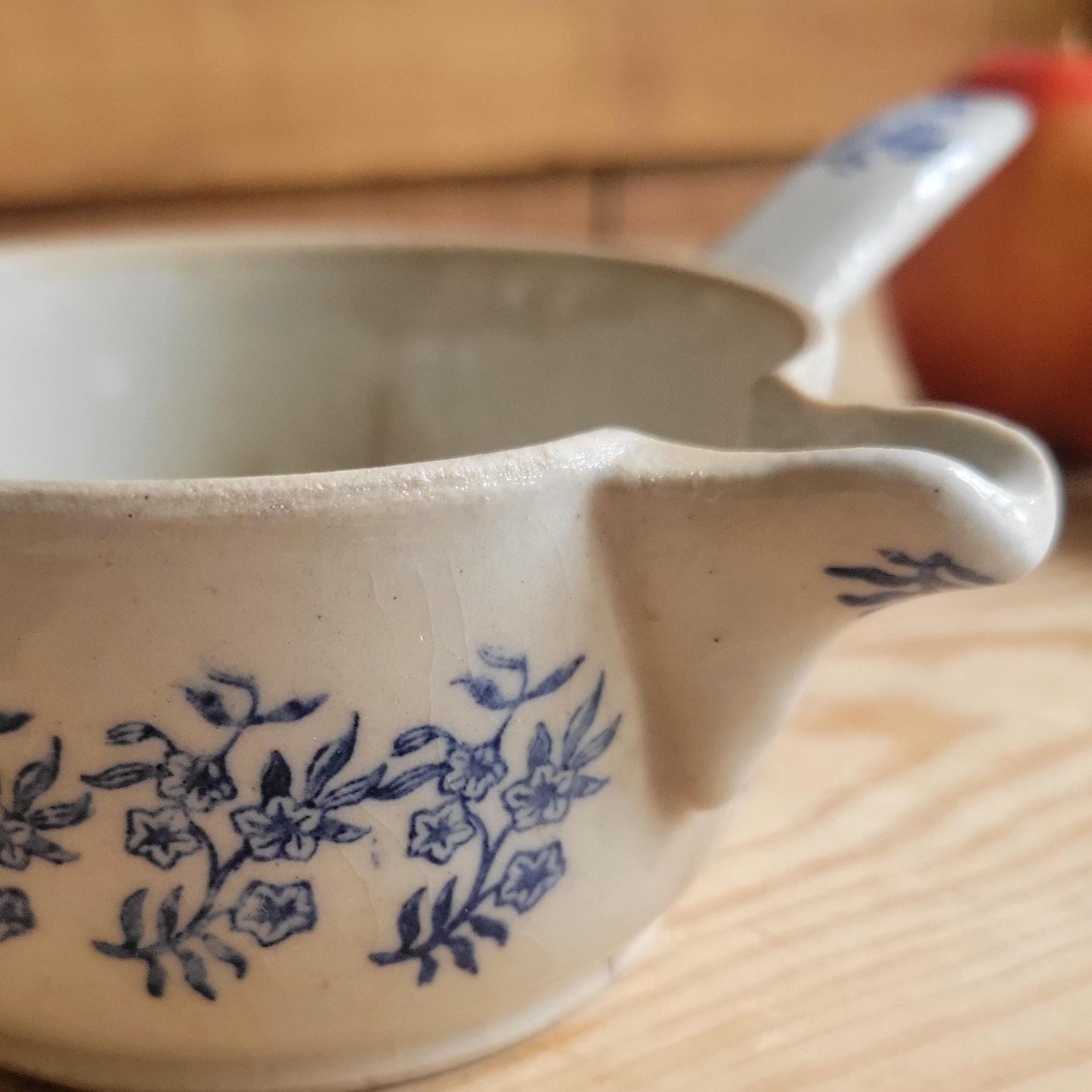 Antique St Uze Stoneware Small Saucepan with Offset Handle, Blue Floral Decoration, France c.1900