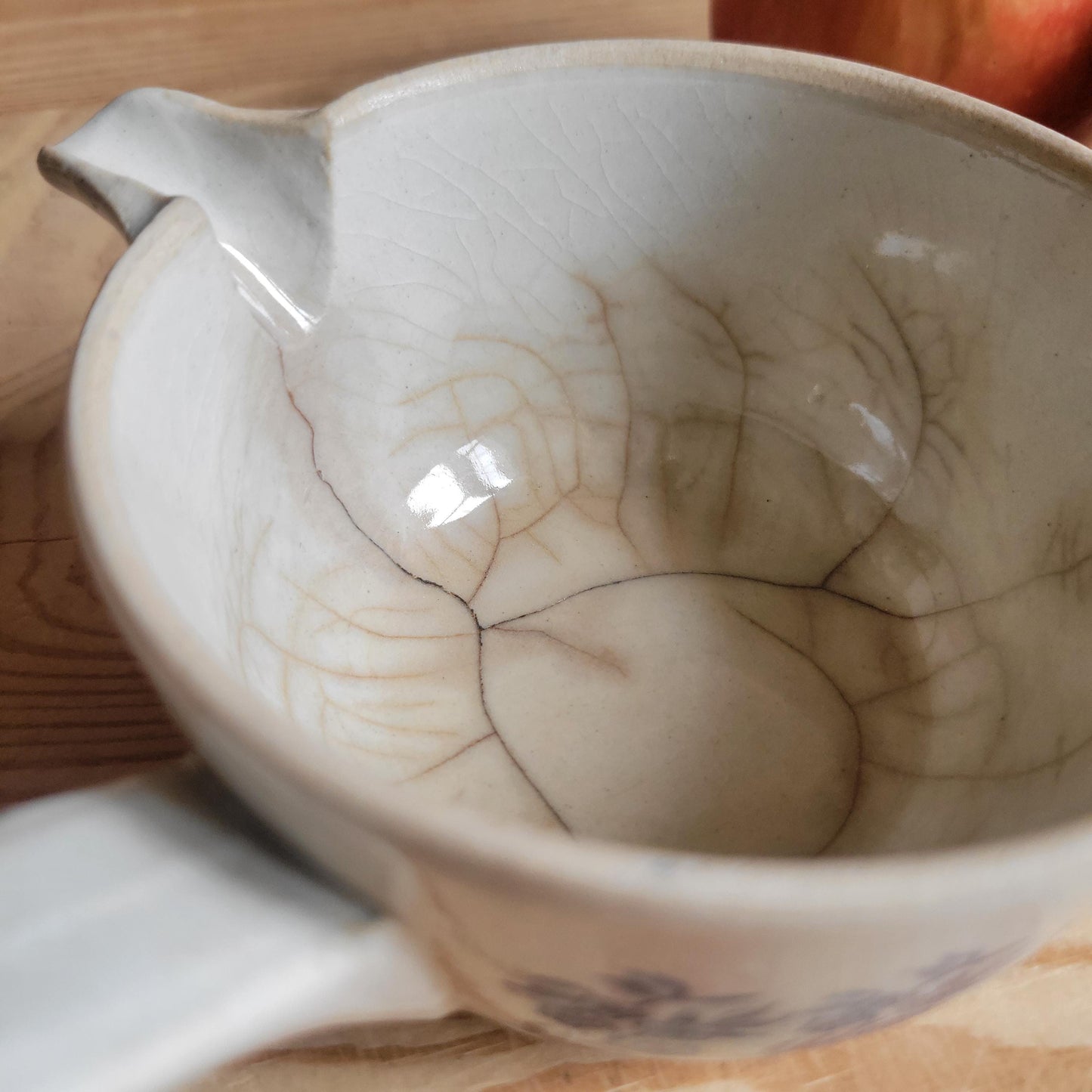 Antique St Uze Stoneware Small Saucepan with Offset Handle, Blue Floral Decoration, France c.1900