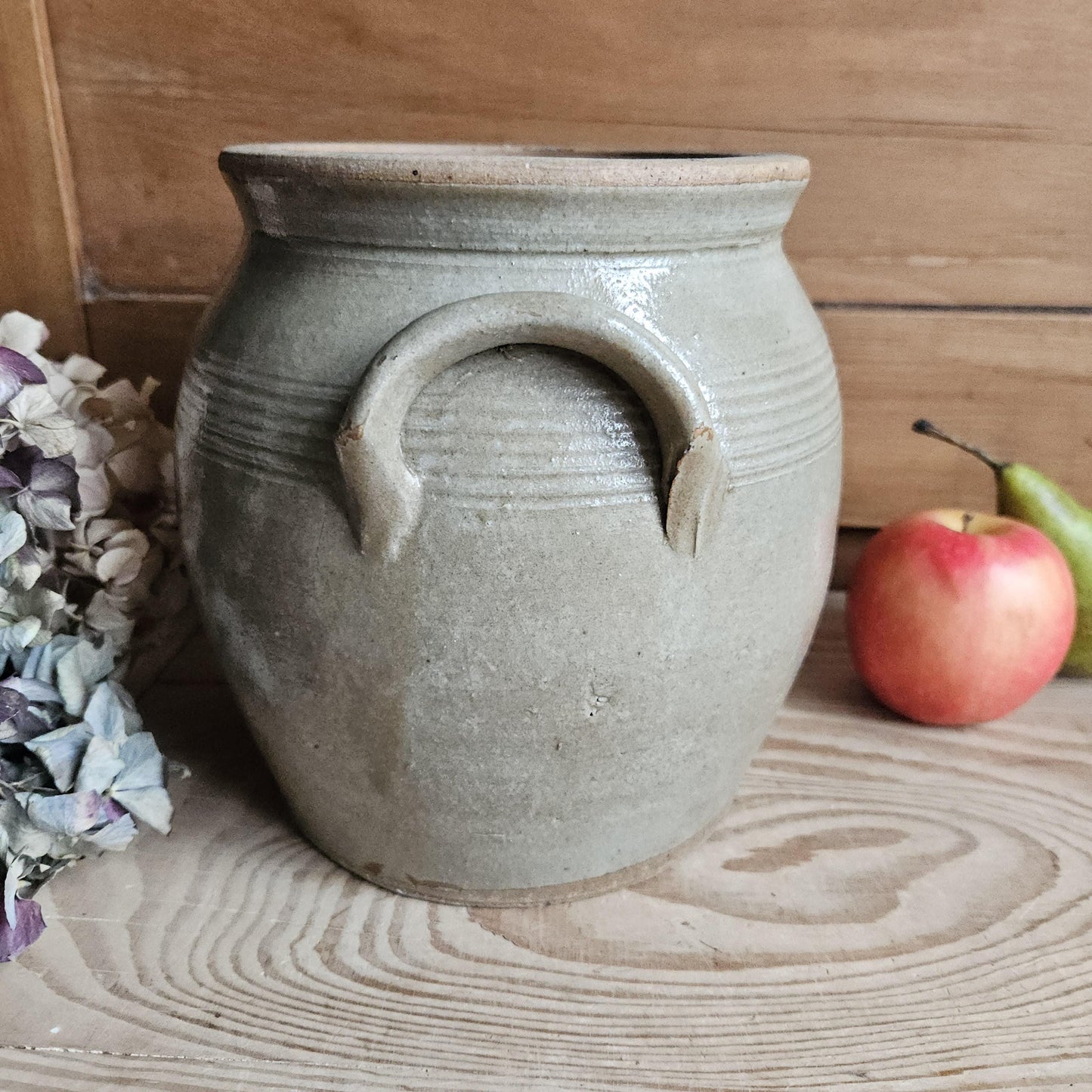 Antique French Confit Pot - Glazed attached-handled vintage stoneware, greige, early 1900s