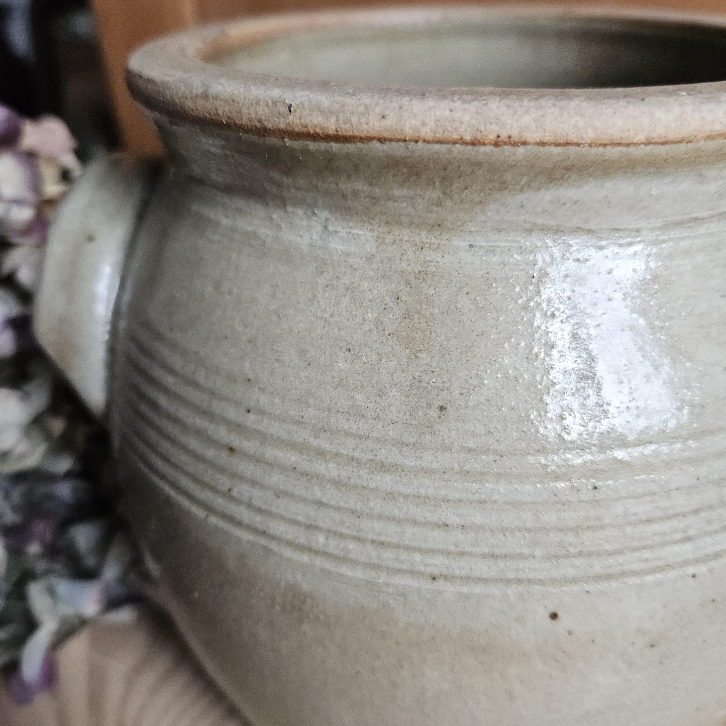 Antique French Confit Pot - Glazed attached-handled vintage stoneware, greige, early 1900s