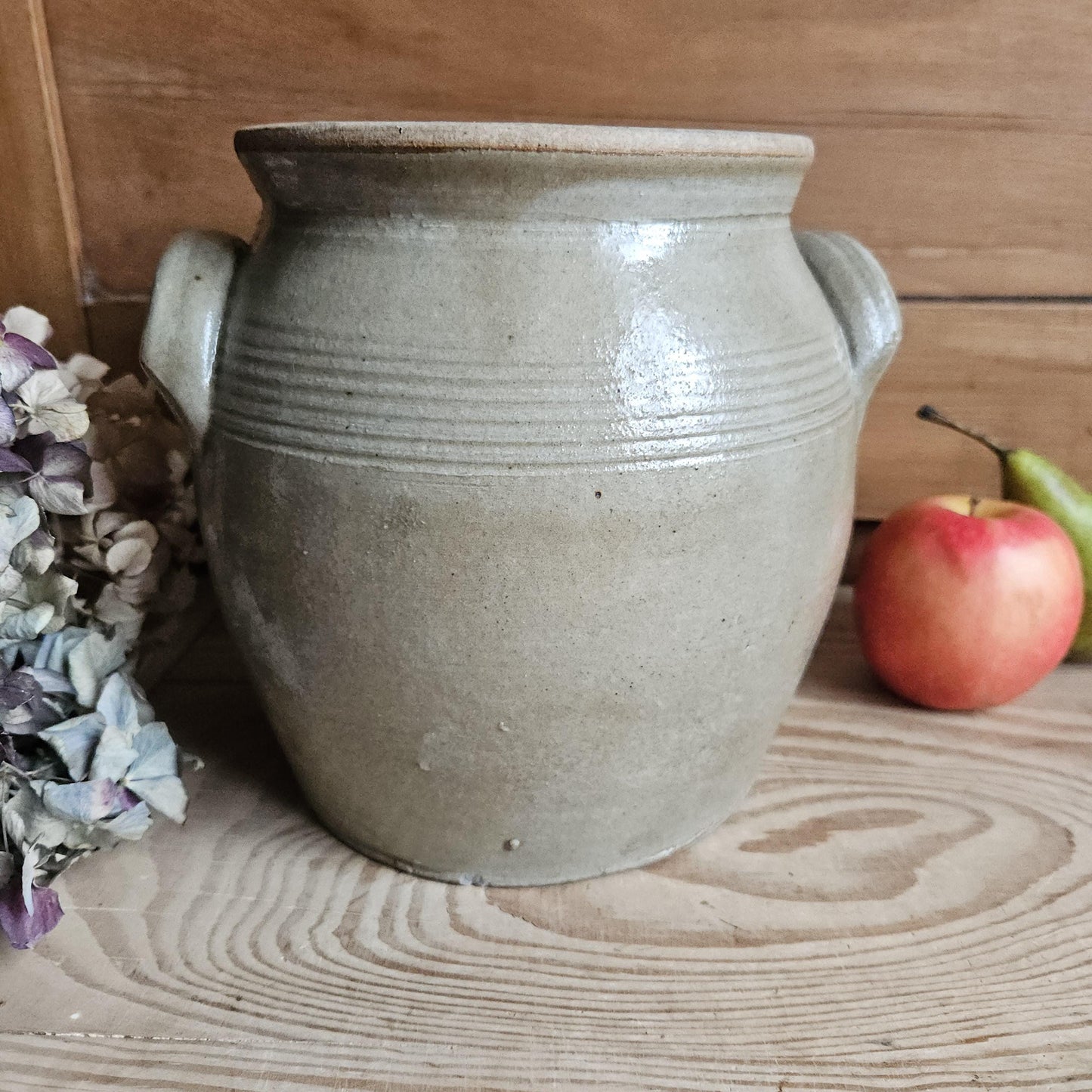 Antique French Confit Pot - Glazed attached-handled vintage stoneware, greige, early 1900s