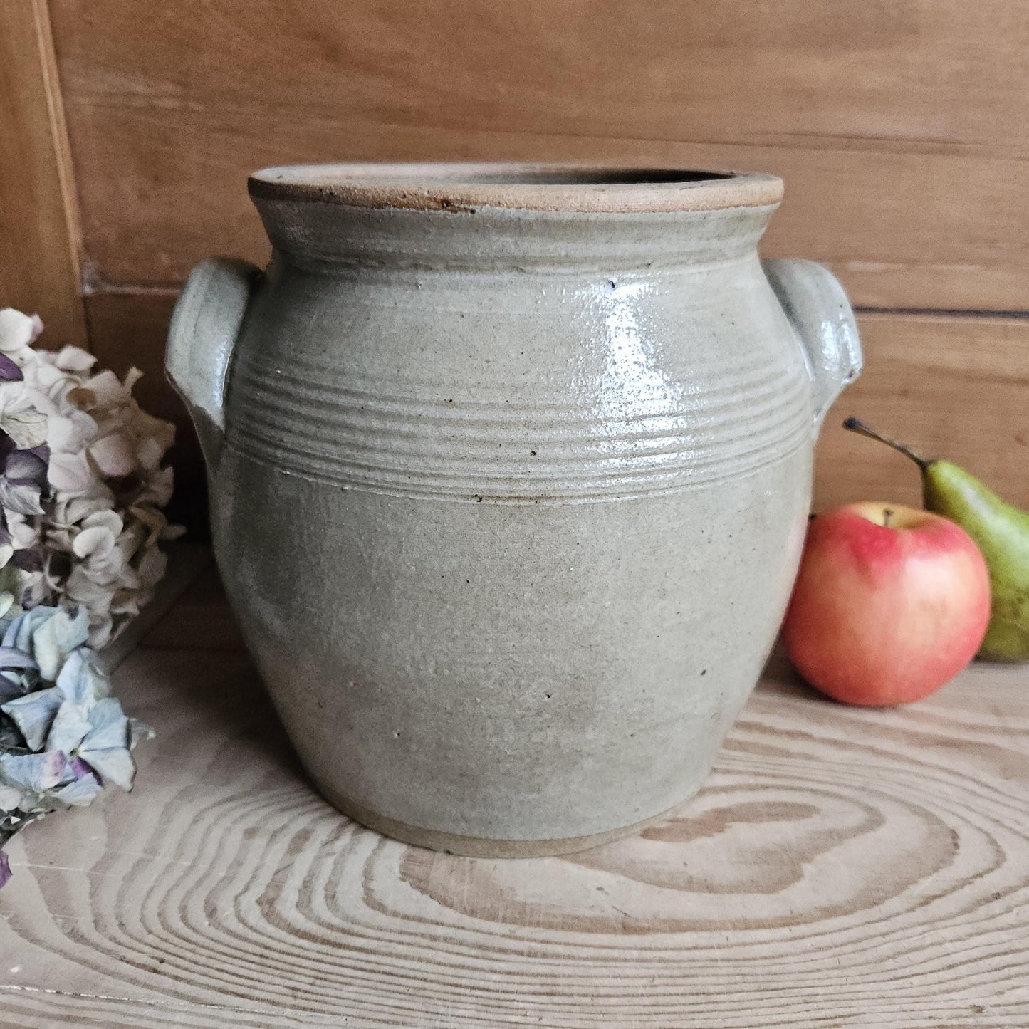 Antique French Confit Pot - Glazed attached-handled vintage stoneware, greige, early 1900s