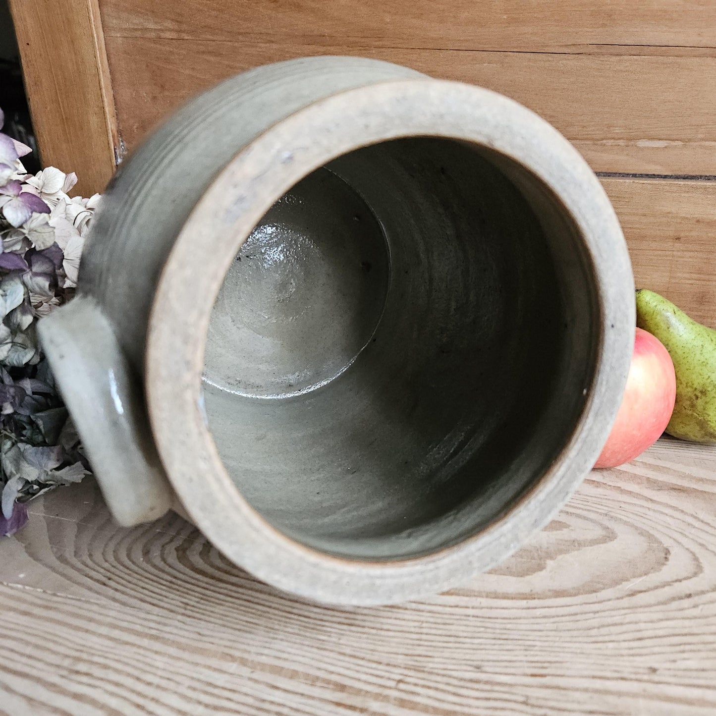 Antique French Confit Pot - Glazed attached-handled vintage stoneware, greige, early 1900s