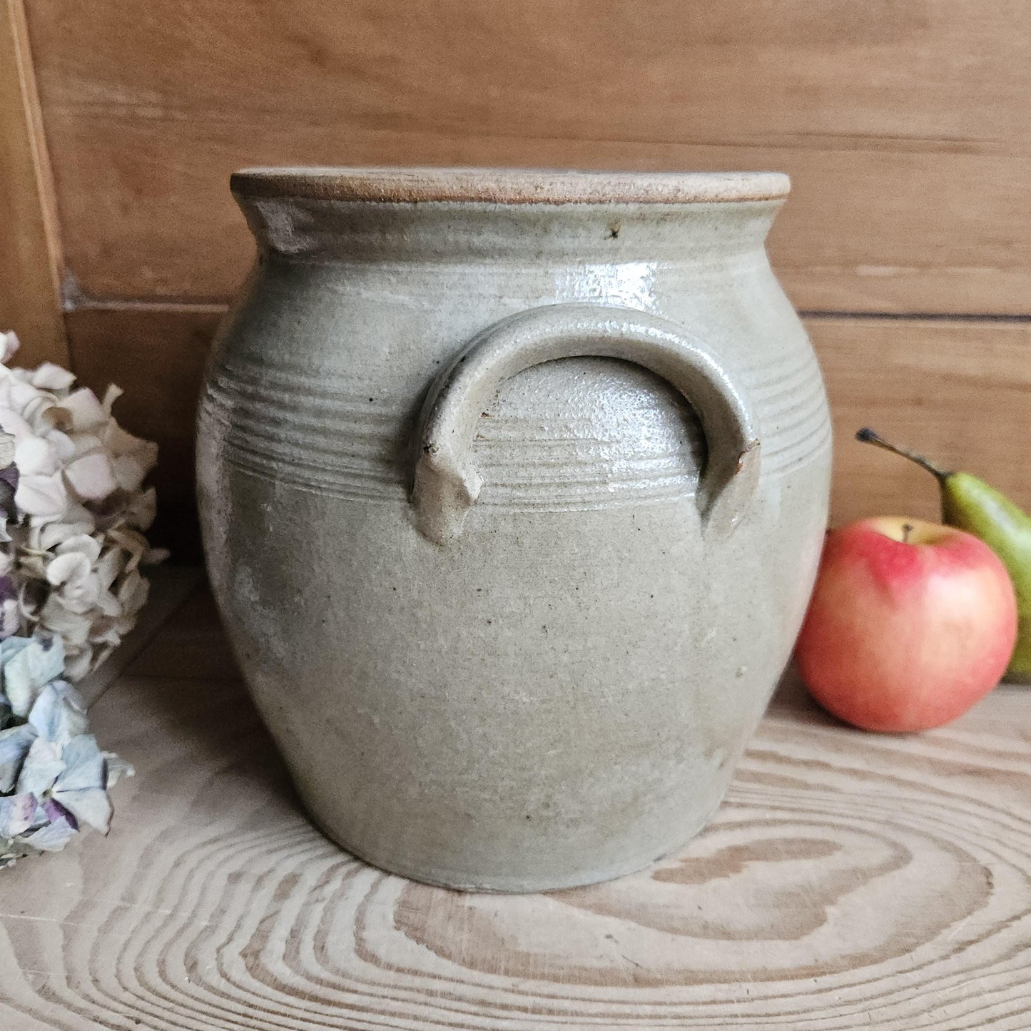 Antique French Confit Pot - Glazed attached-handled vintage stoneware, greige, early 1900s