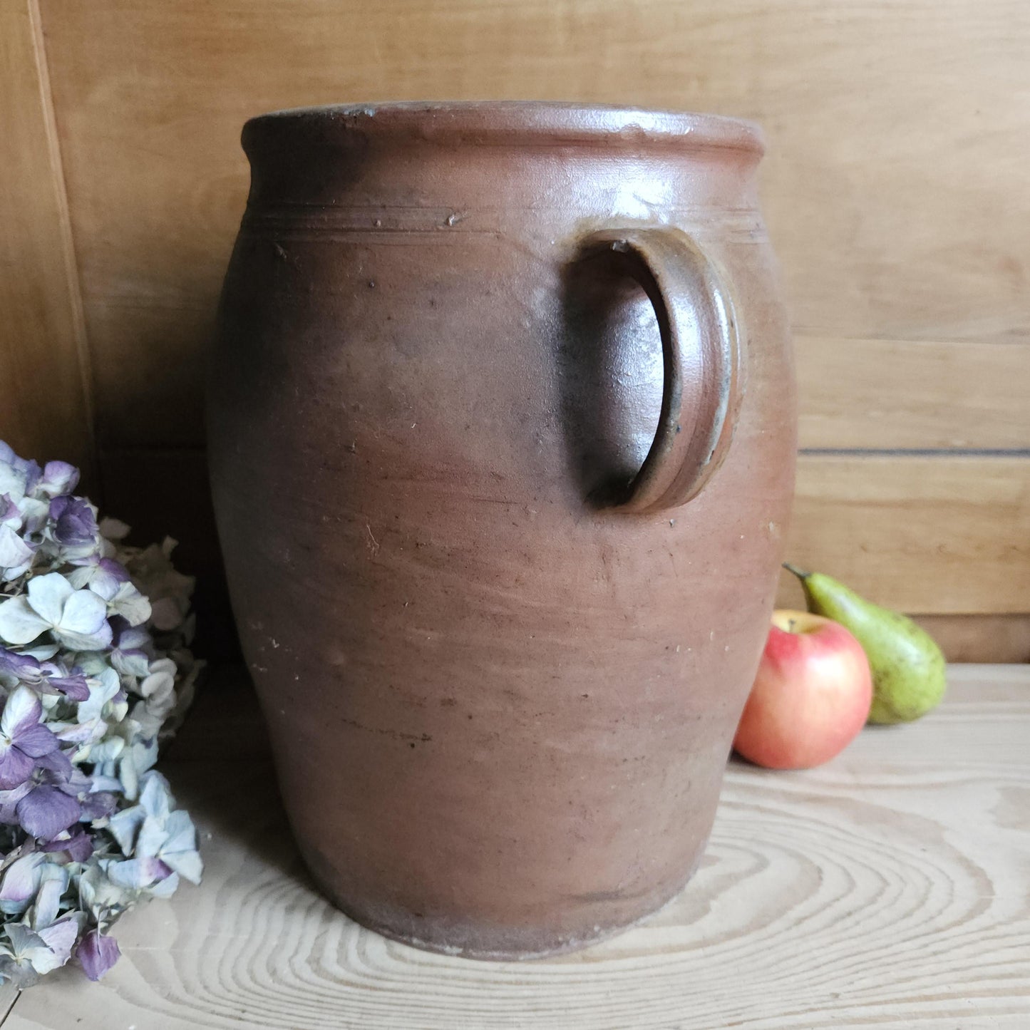 Large antique French Confit Pot - rich matt drip glazed stoneware, russet brown c1900