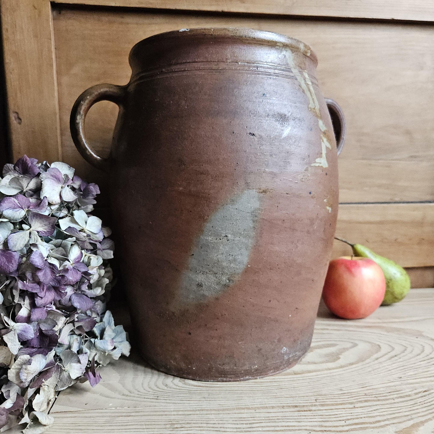 Large antique French Confit Pot - rich matt drip glazed stoneware, russet brown c1900