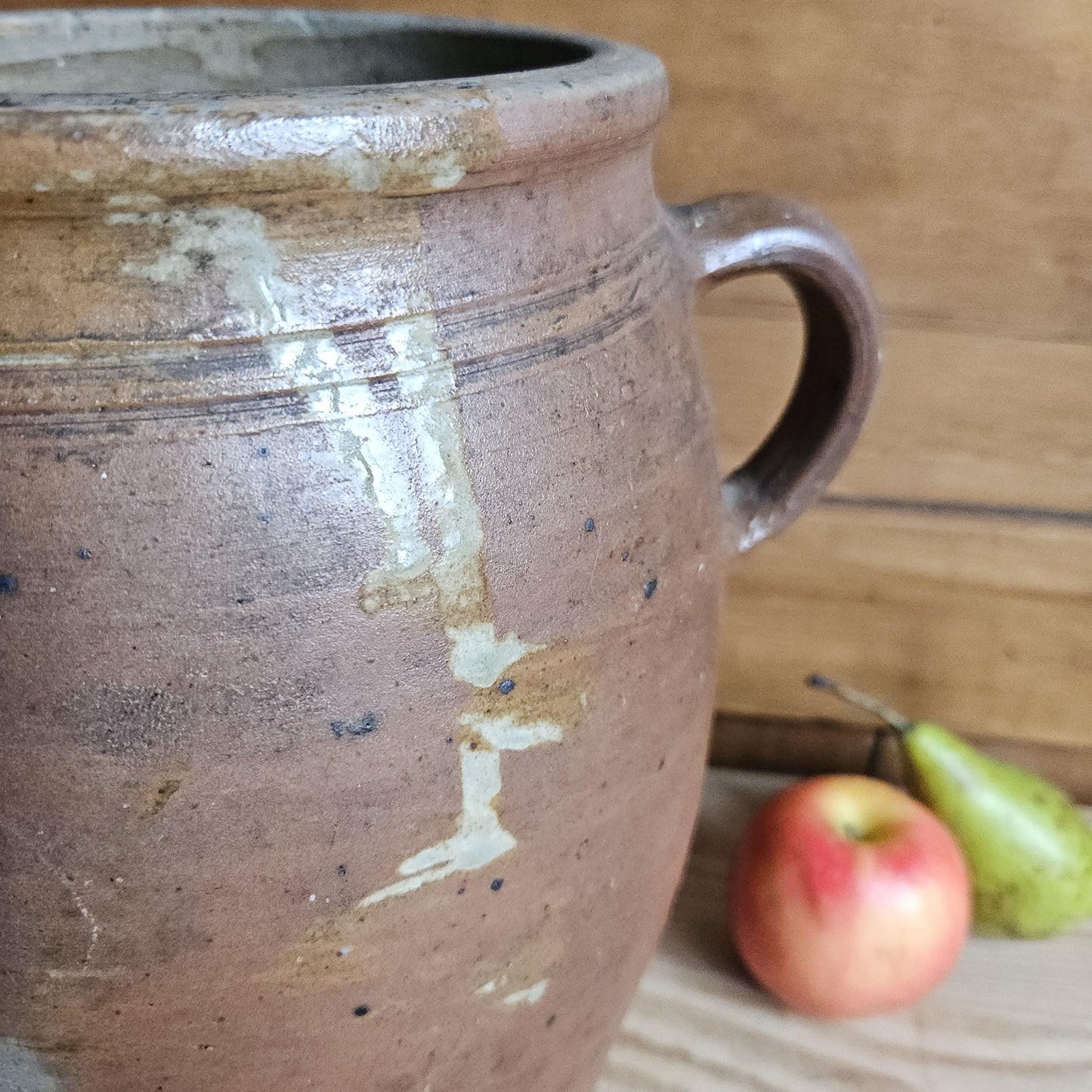 Large antique French Confit Pot - rich matt drip glazed stoneware, russet brown c1900