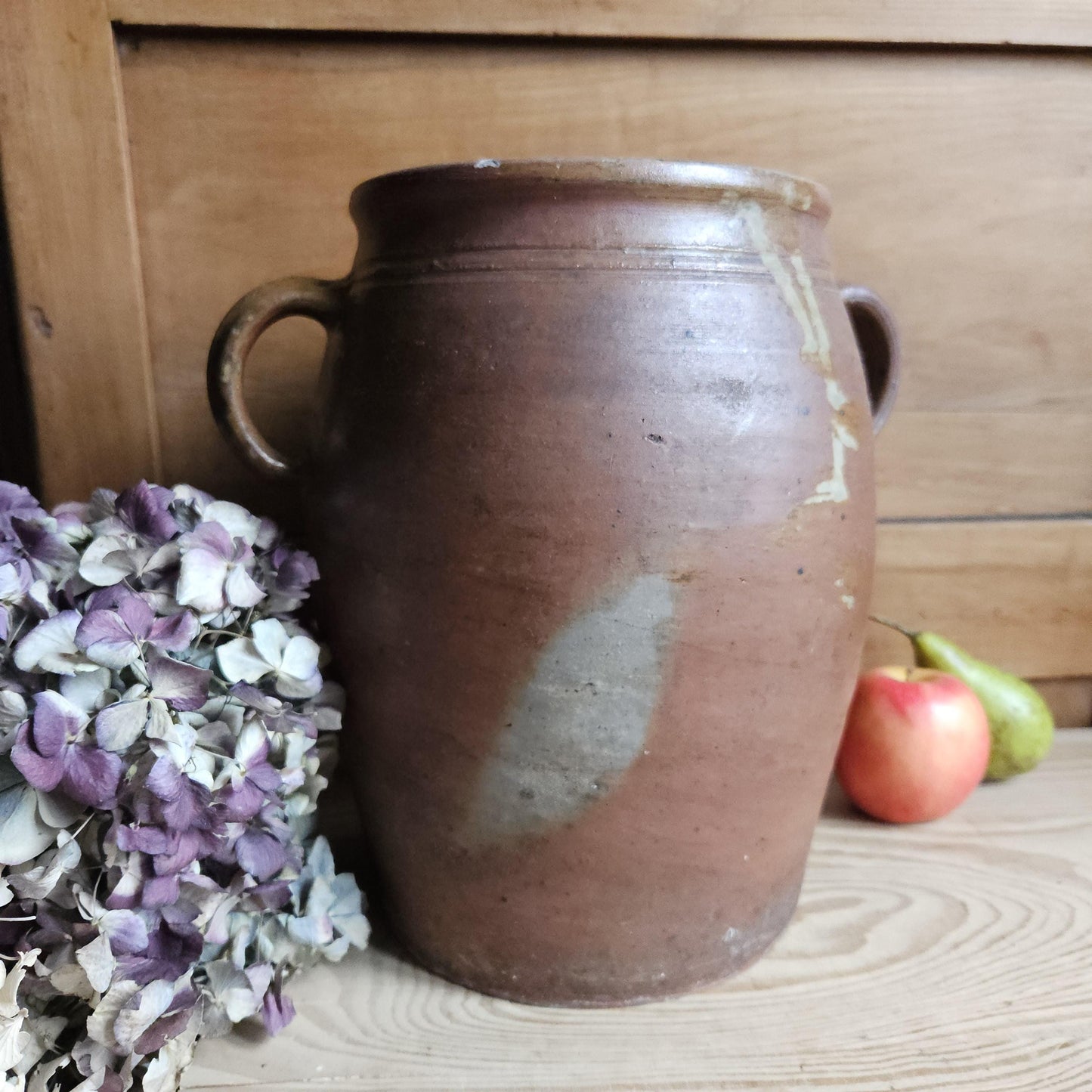 Large antique French Confit Pot - rich matt drip glazed stoneware, russet brown c1900