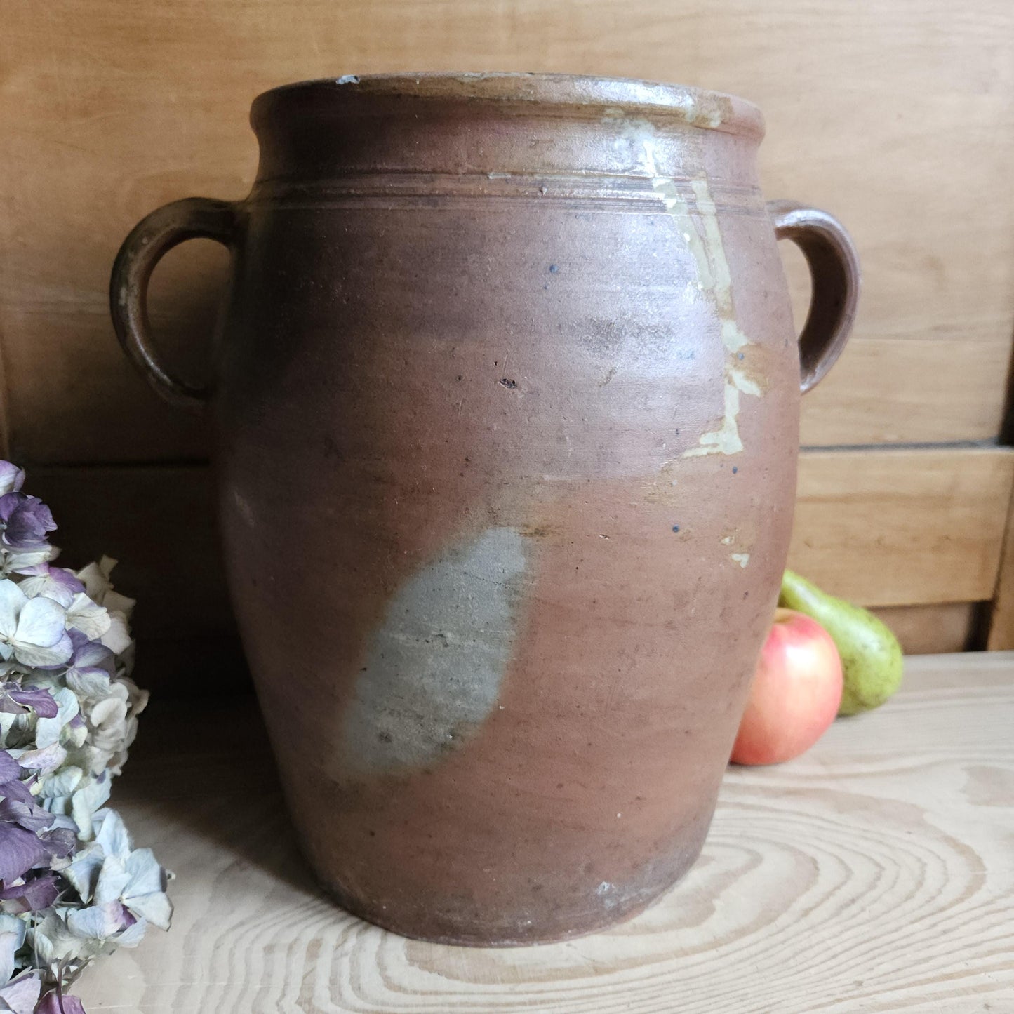 Large antique French Confit Pot - rich matt drip glazed stoneware, russet brown c1900