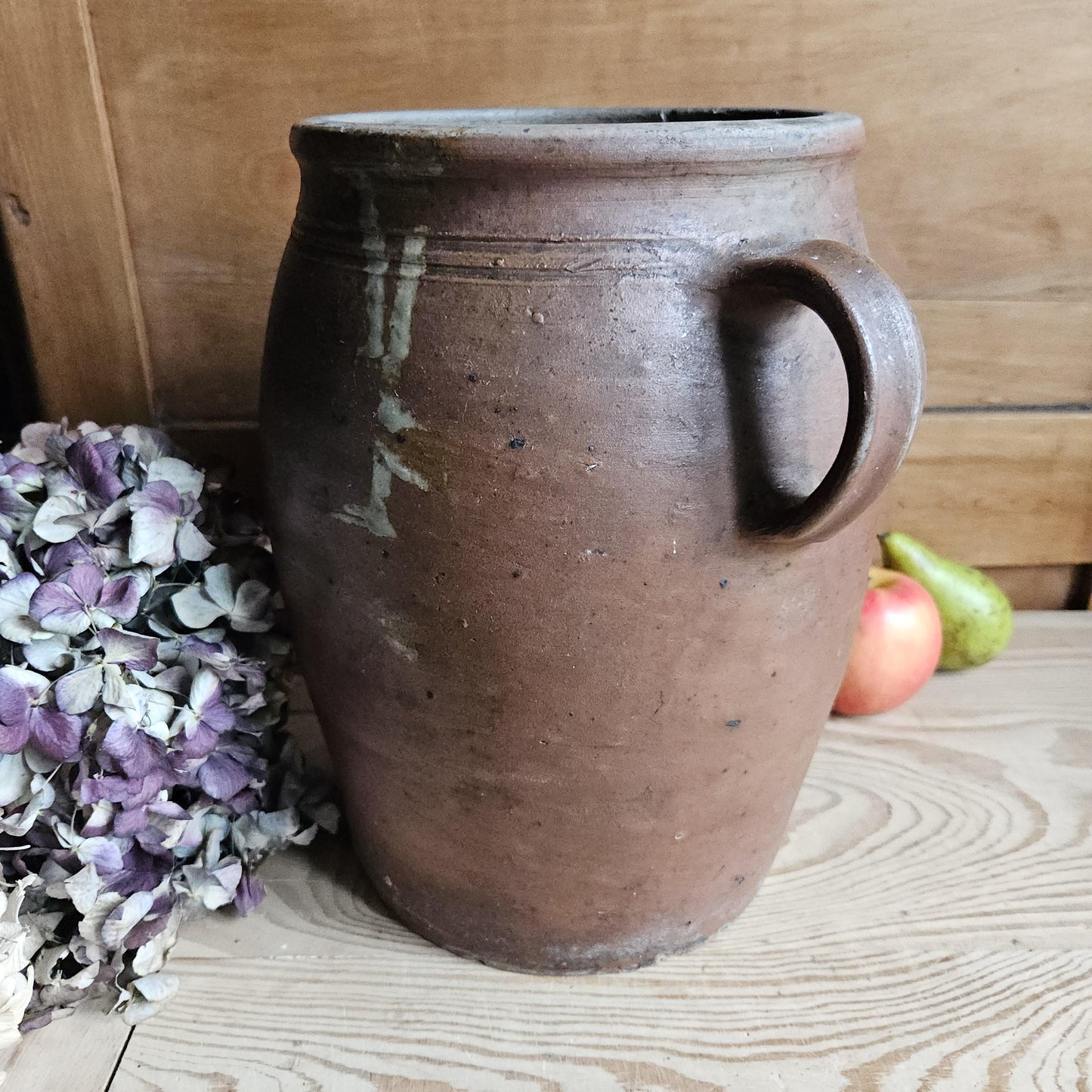 Large antique French Confit Pot - rich matt drip glazed stoneware, russet brown c1900