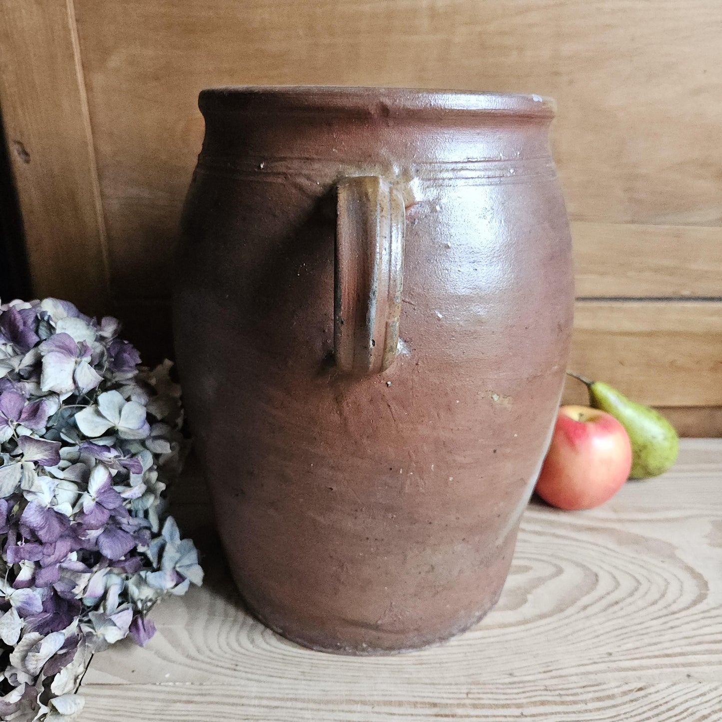 Large antique French Confit Pot - rich matt drip glazed stoneware, russet brown c1900