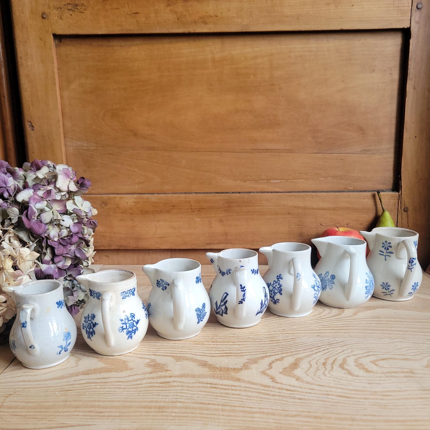 Small Antique St Uze Pitchers / Creamers, Blue Floral Decoration, France c.1900 — Sold Individually