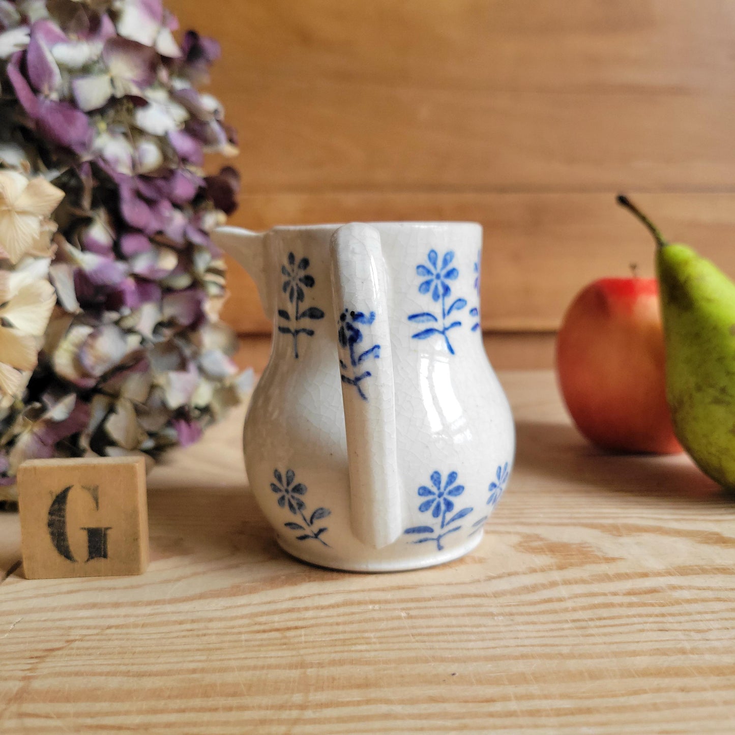 Small Antique St Uze Pitchers / Creamers, Blue Floral Decoration, France c.1900 — Sold Individually