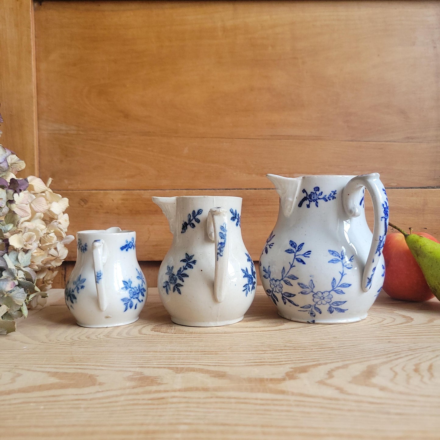 Set of 3 Matching Antique St Uze Pitchers, Blue Floral Decoration, France c.1910