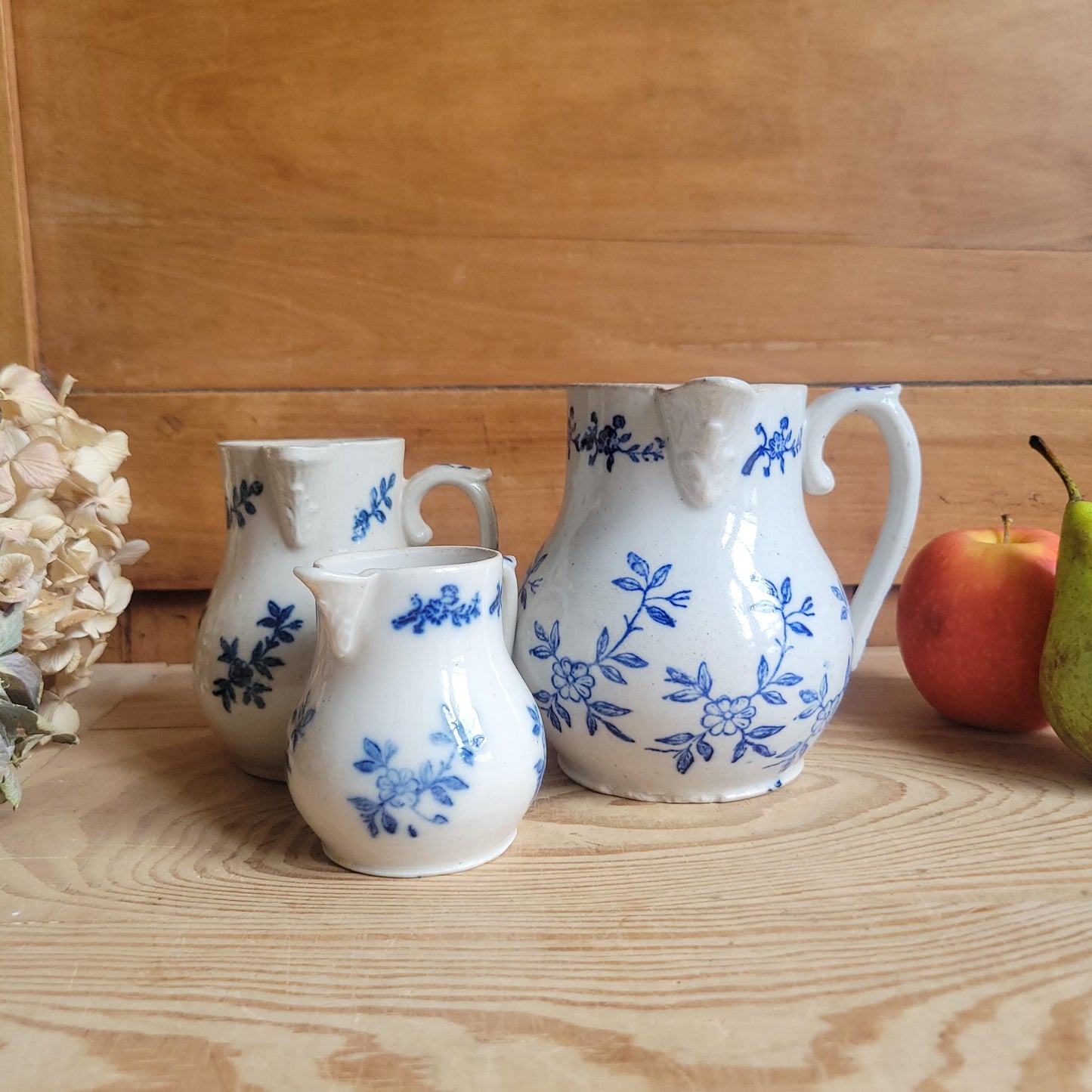 Set of 3 Matching Antique St Uze Pitchers, Blue Floral Decoration, France c.1910