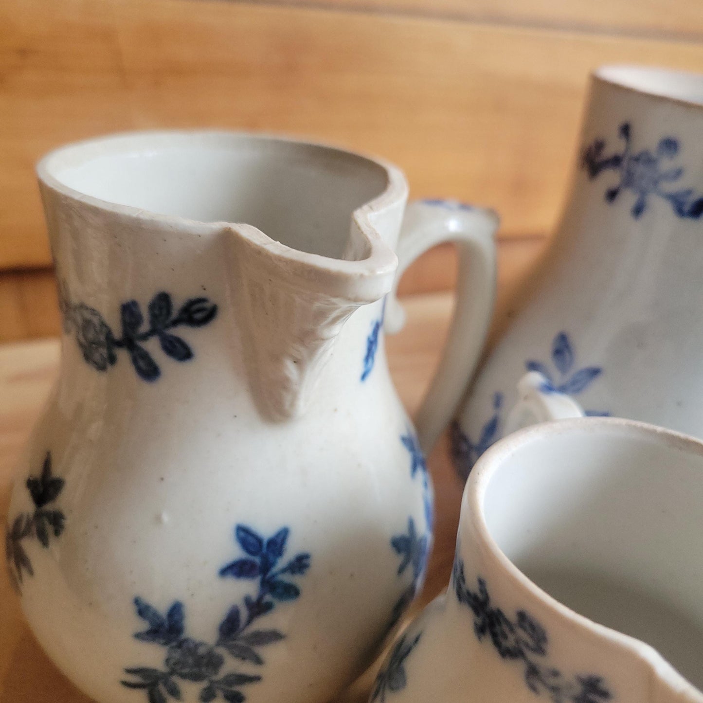 Set of 3 Matching Antique St Uze Pitchers, Blue Floral Decoration, France c.1910