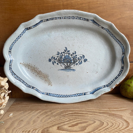 Antique Large Oval Cul Noir Platter with Basket of Flowers, Rouen Area, France c.1900