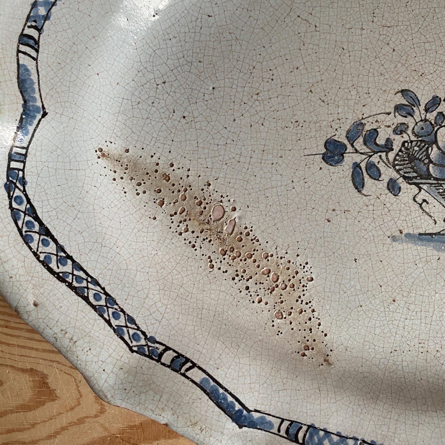Antique Large Oval Cul Noir Platter with Basket of Flowers, Rouen Area, France c.1900