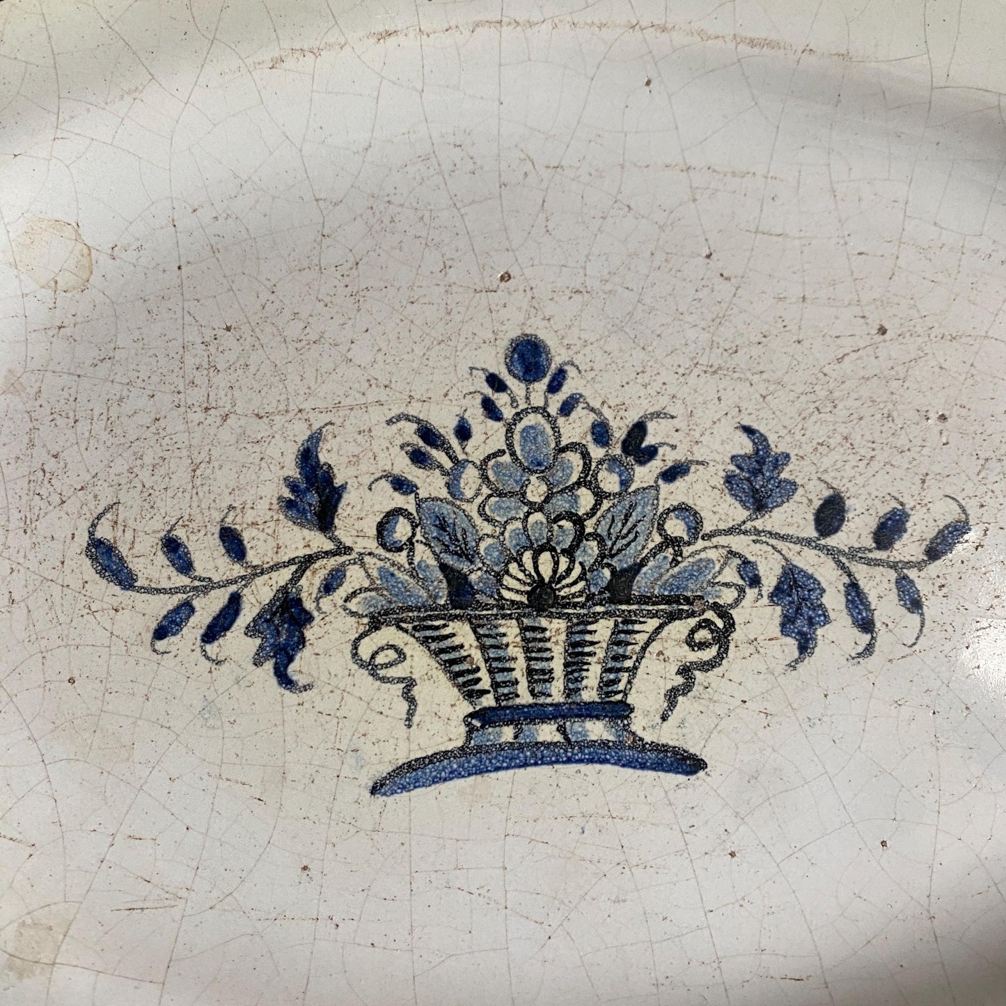 Antique Small Oval Cul Noir Platter with Basket of Flowers, Rouen Area, France c.1890