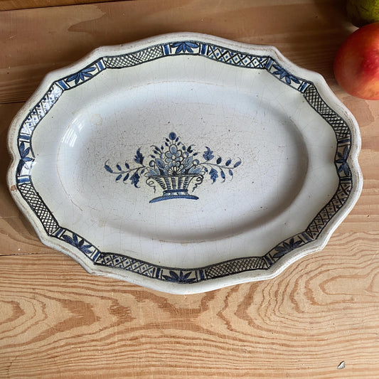 Antique Small Oval Cul Noir Platter with Basket of Flowers, Rouen Area, France c.1890