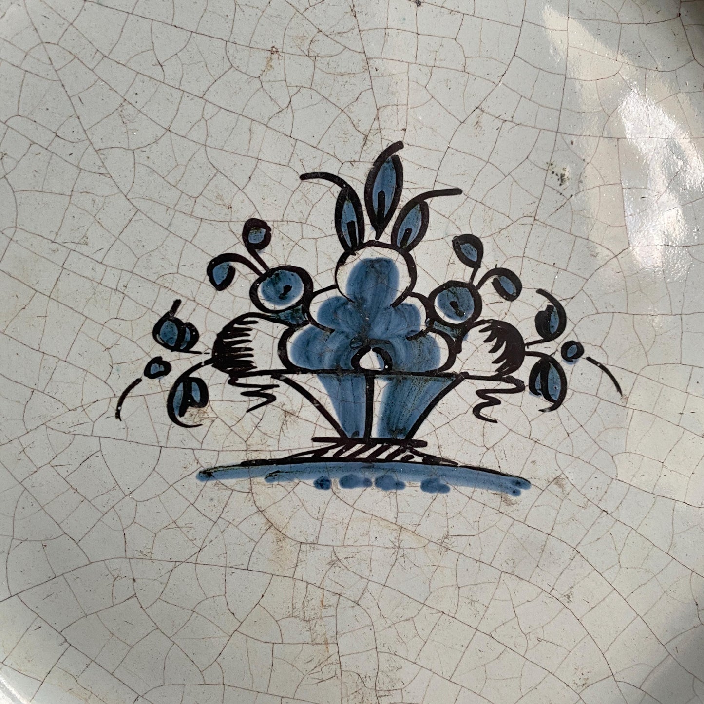 Antique Large Cul Noir Round Platter, Basket Design, Rouen Area, France c.1900