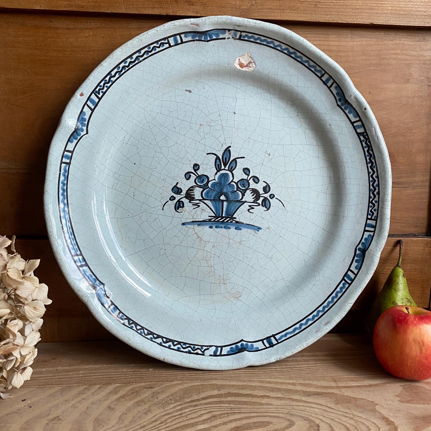 Antique Large Cul Noir Round Platter, Basket Design, Rouen Area, France c.1900