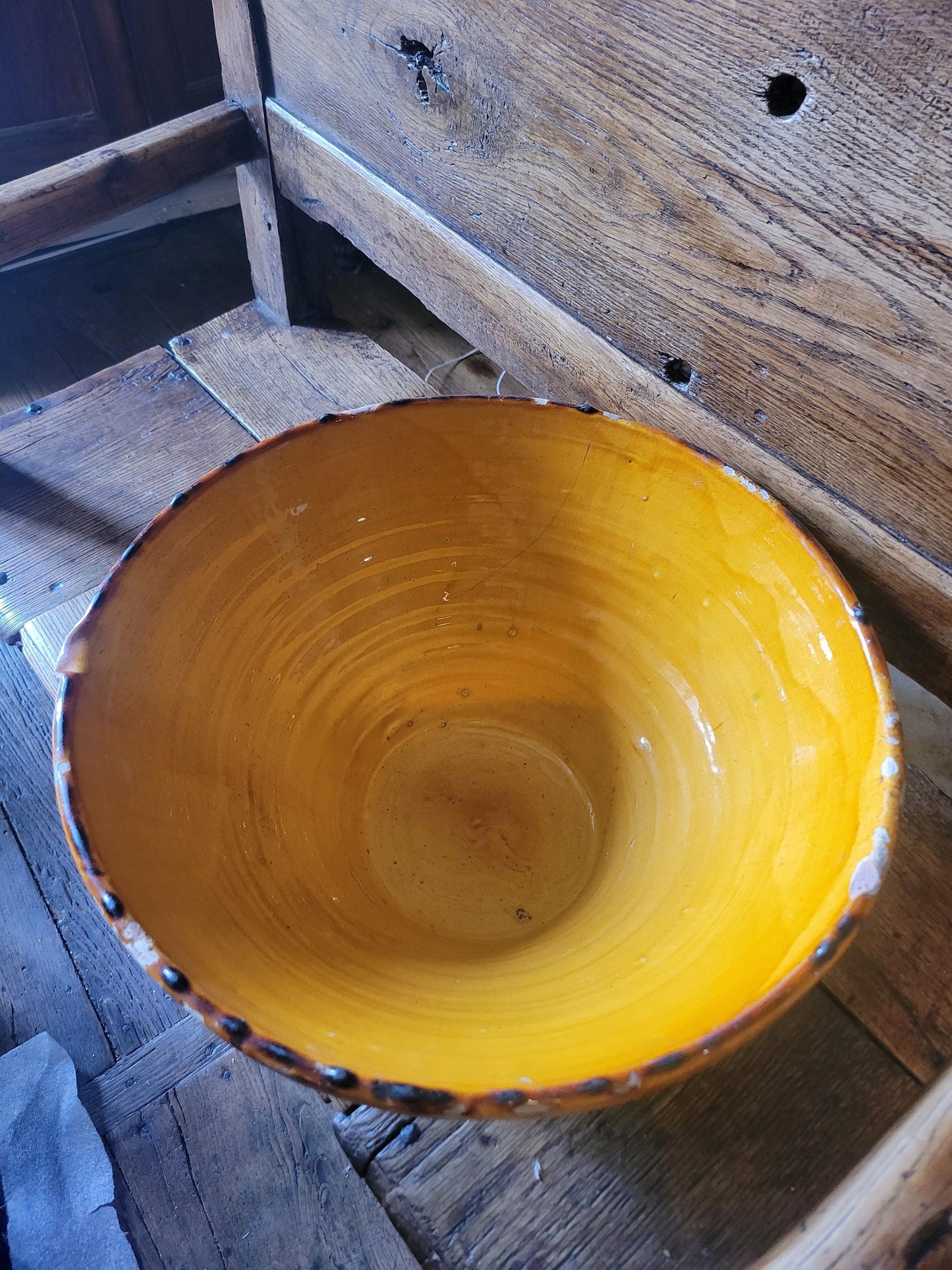 Large French Dough Mixing Tian Bowl, Oversized Provencale Stoneware, Yellow Ochre Glaze, France c.1890