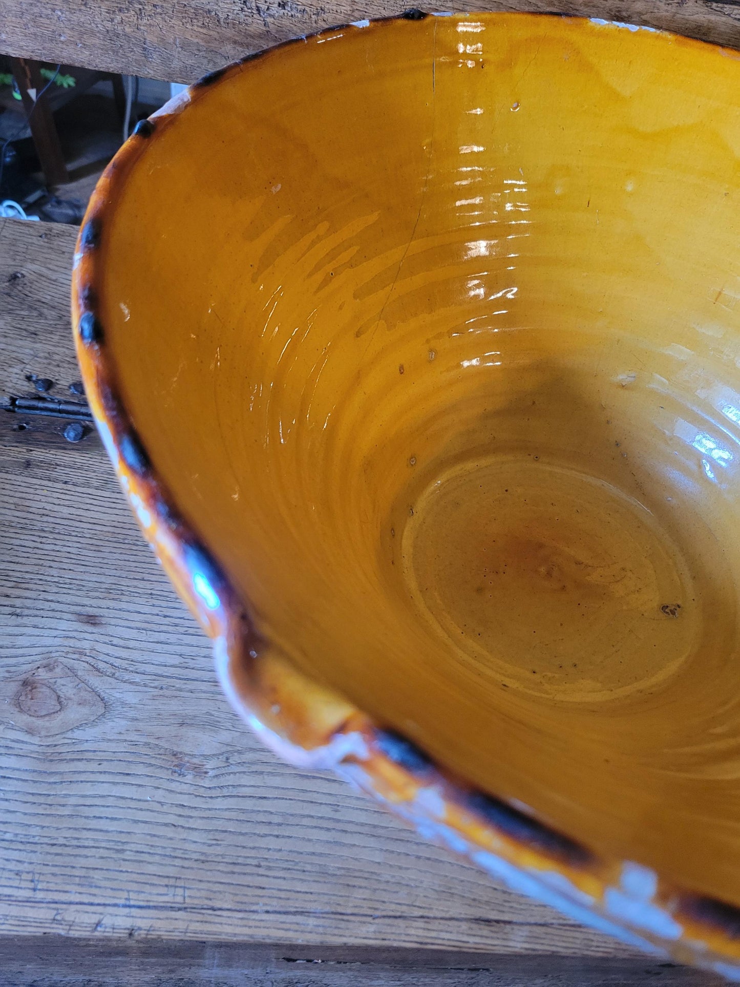 Large French Dough Mixing Tian Bowl, Oversized Provencale Stoneware, Yellow Ochre Glaze, France c.1890