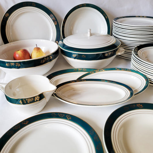 44pc French antique ironstone style dinner service, 12 place setting in green and gold 'Kleber' pattern 1950s St Amand, Ceranord France