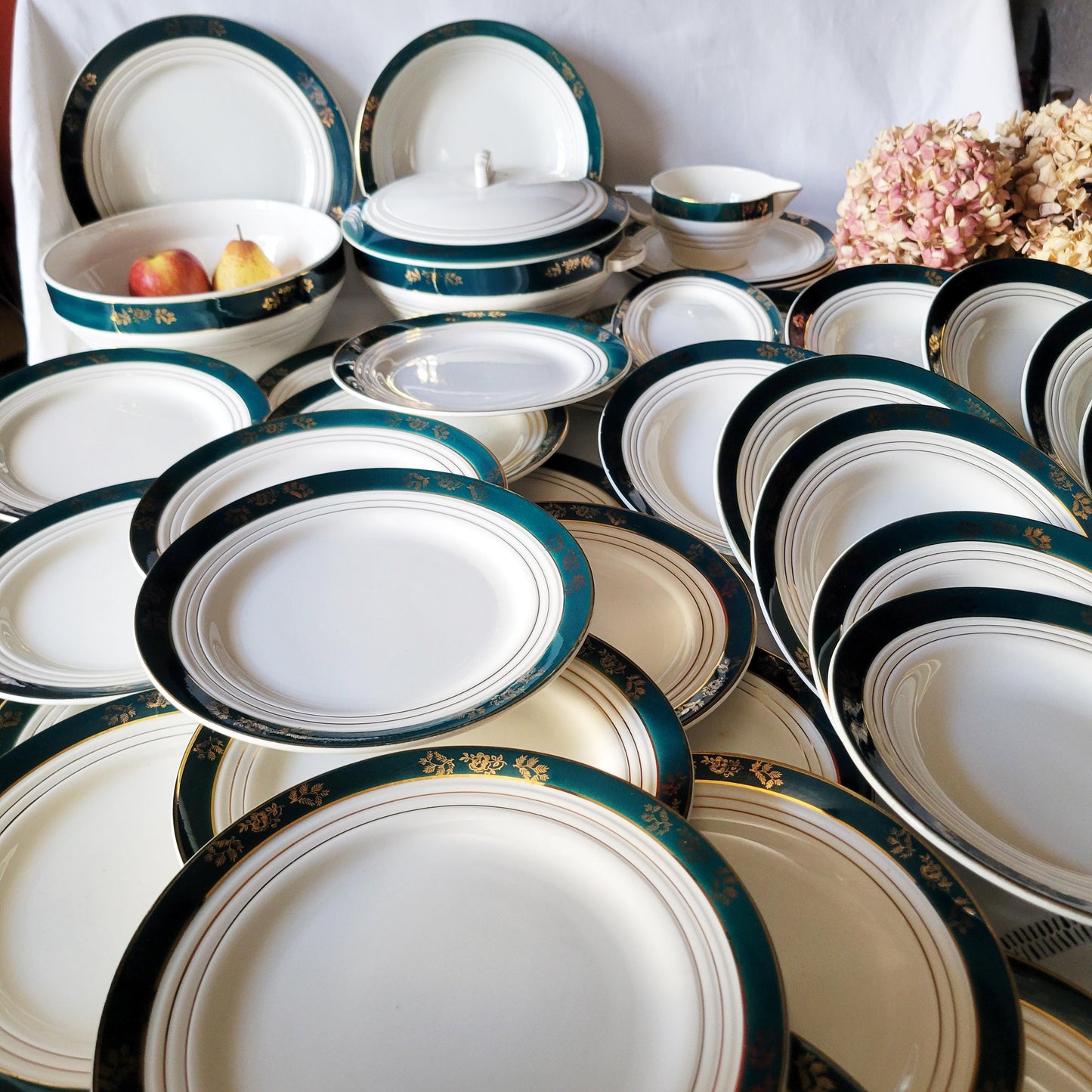 44pc French antique ironstone style dinner service, 12 place setting in green and gold 'Kleber' pattern 1950s St Amand, Ceranord France