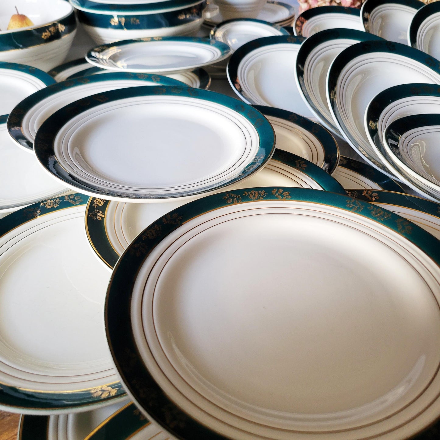 44pc French antique ironstone style dinner service, 12 place setting in green and gold 'Kleber' pattern 1950s St Amand, Ceranord France