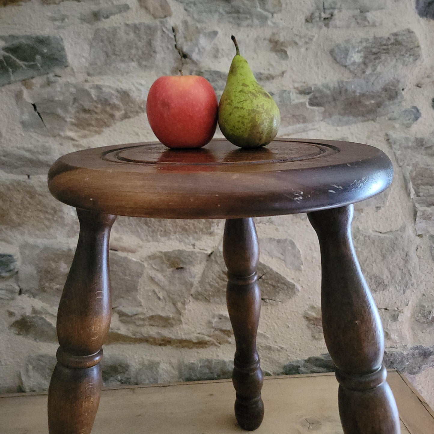 Tall Bobbin-Leg Tripod Oak Wood Stool, France c.1960