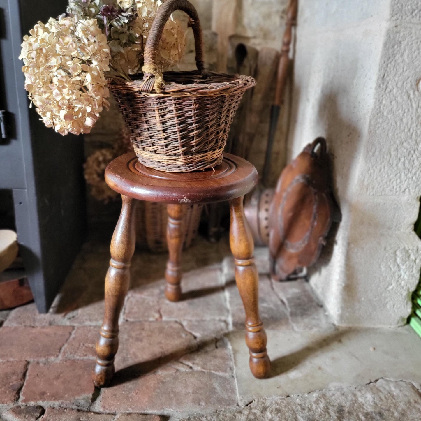 Tall Bobbin-Leg Tripod Oak Wood Stool, France c.1960