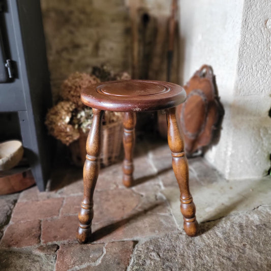 Tall Bobbin-Leg Tripod Oak Wood Stool, France c.1960