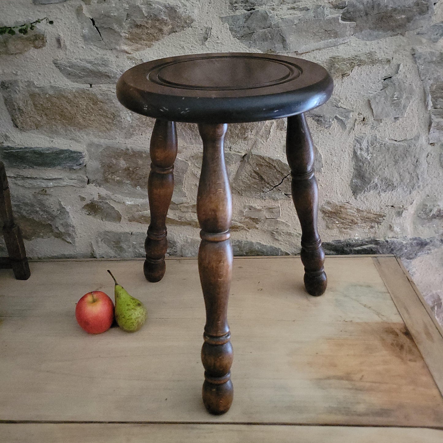 Tall Bobbin-Leg Tripod Oak Wood Stool, France c.1960