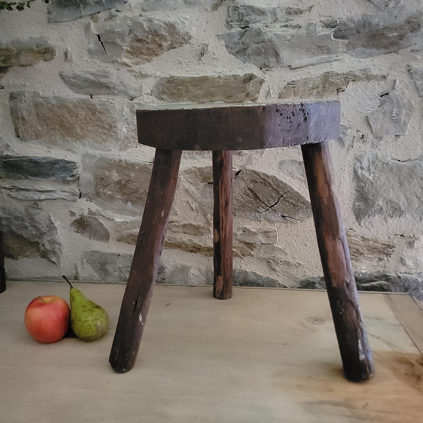 Primitive Tripod Milking Stool, Rough-Carved Oak, France c.1920