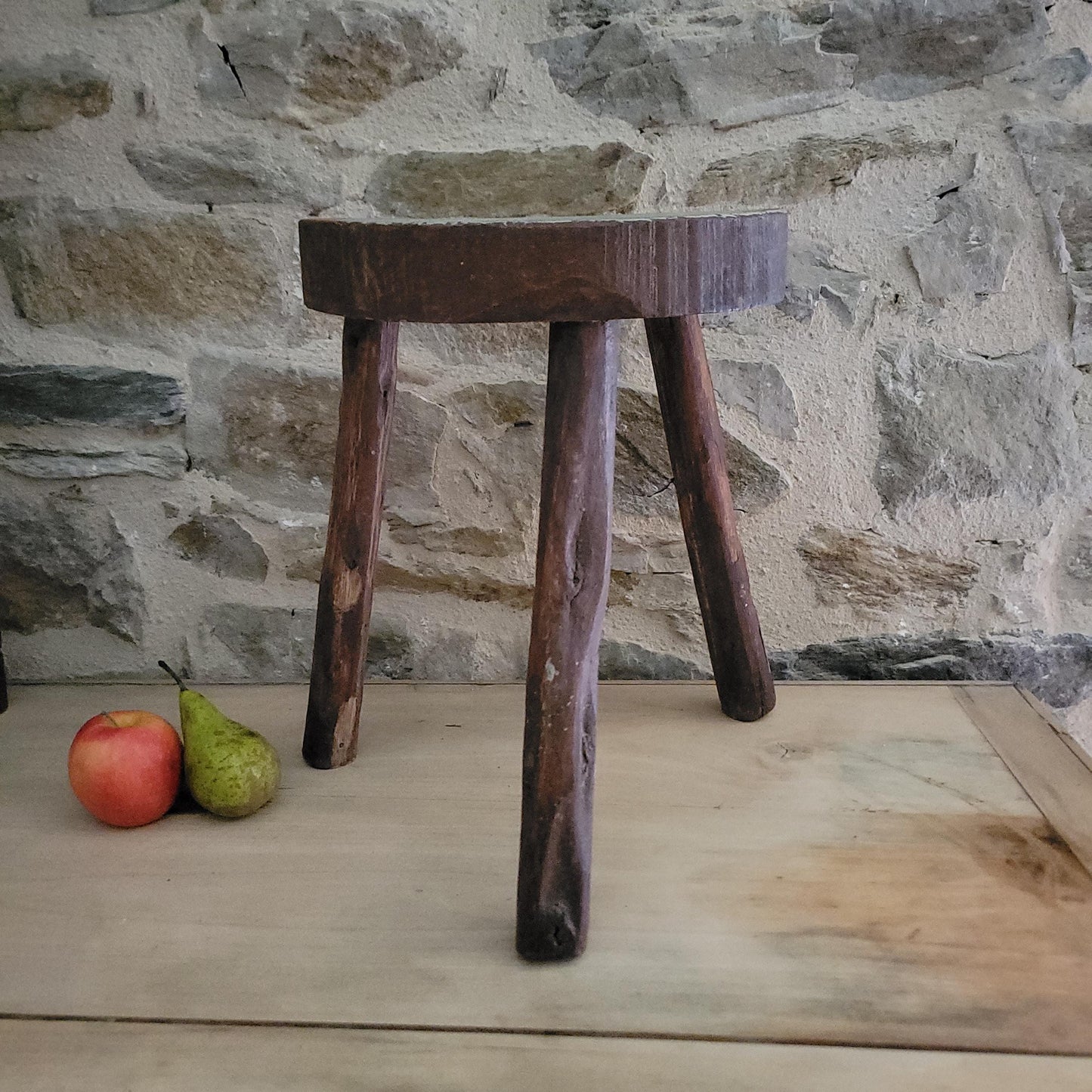 Primitive Tripod Milking Stool, Rough-Carved Oak, France c.1920