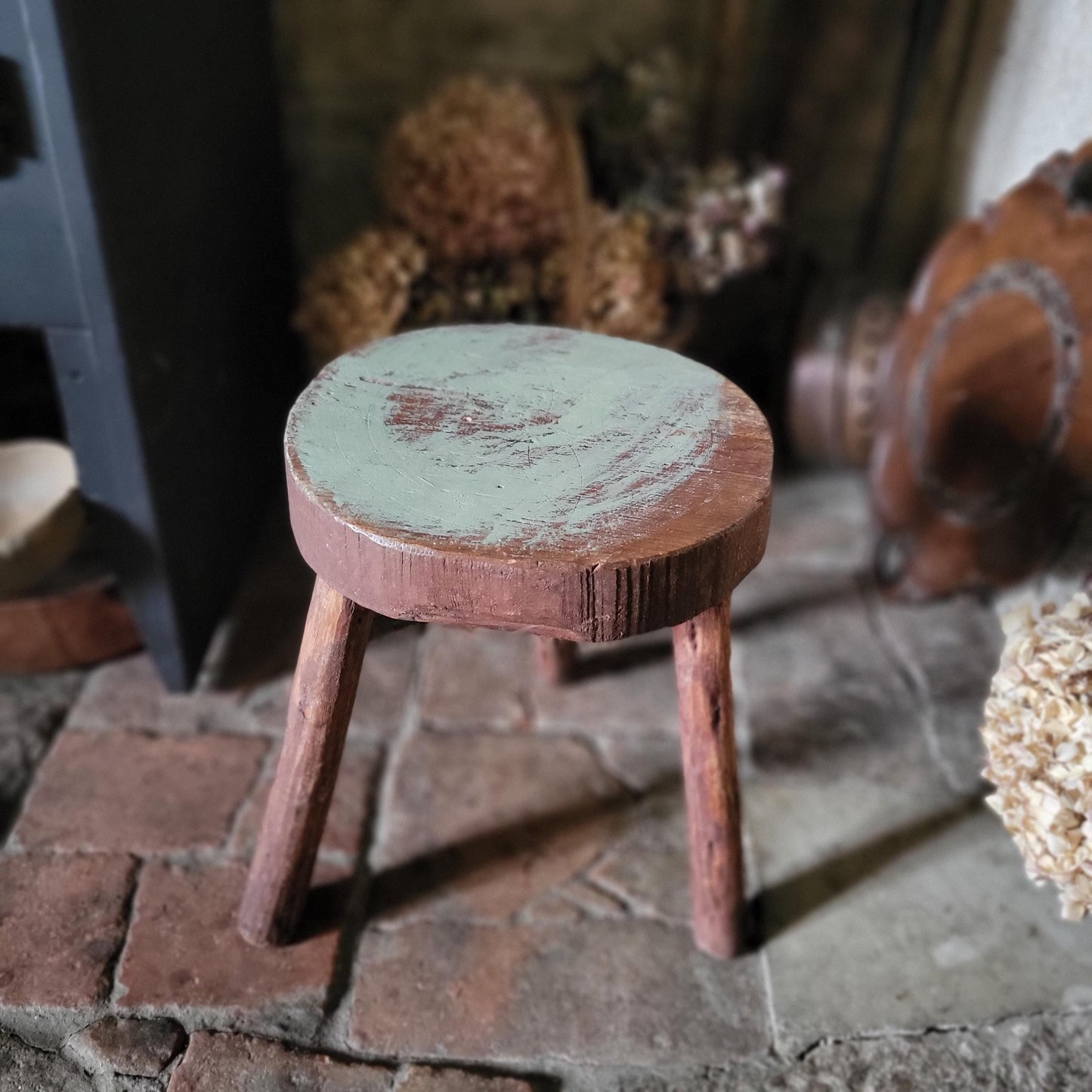 Primitive Tripod Milking Stool, Rough-Carved Oak, France c.1920
