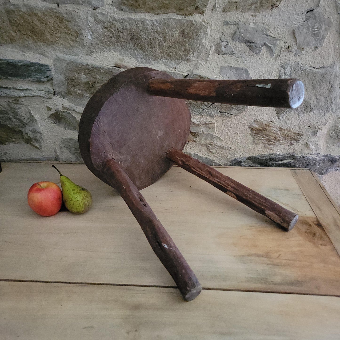 Primitive Tripod Milking Stool, Rough-Carved Oak, France c.1920