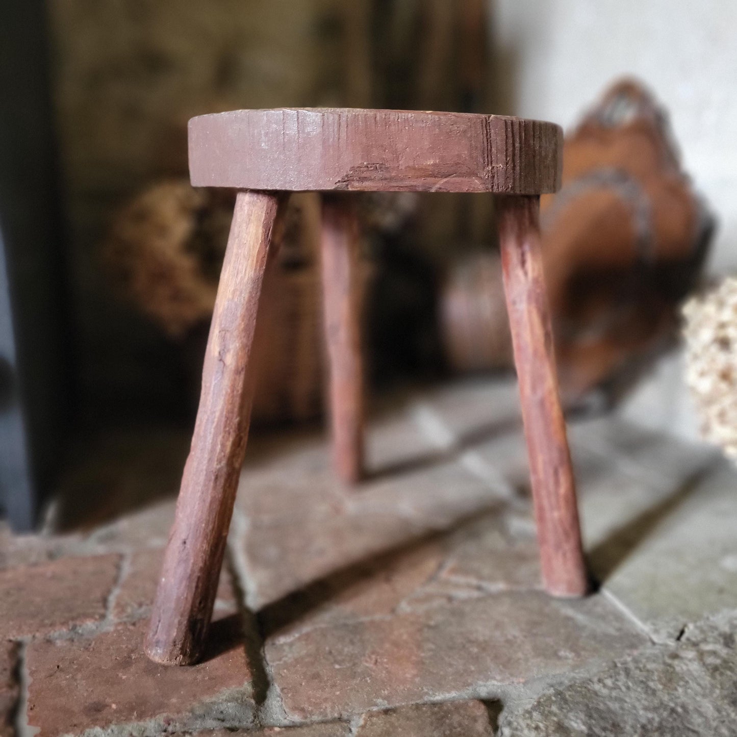 Primitive Tripod Milking Stool, Rough-Carved Oak, France c.1920
