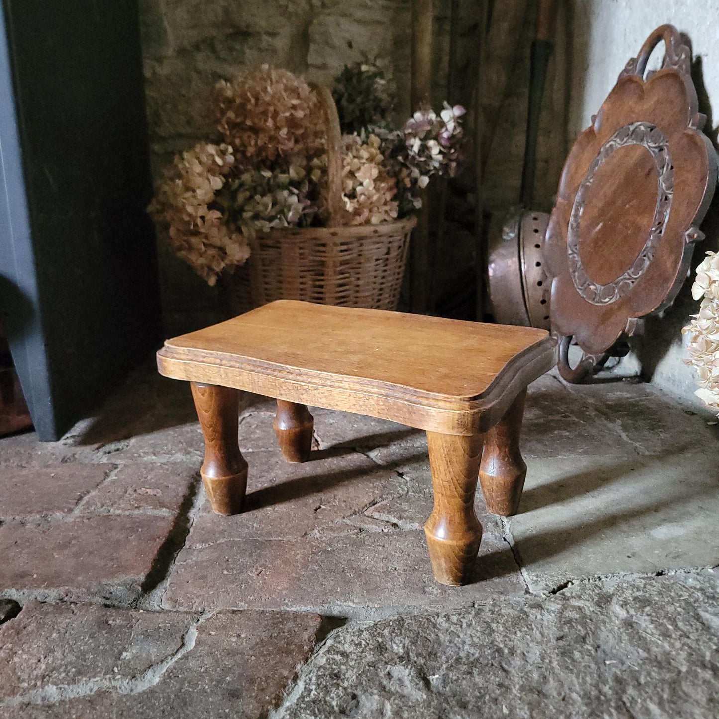 Small Vintage French Foot Stool in Solid Wood, c.1960