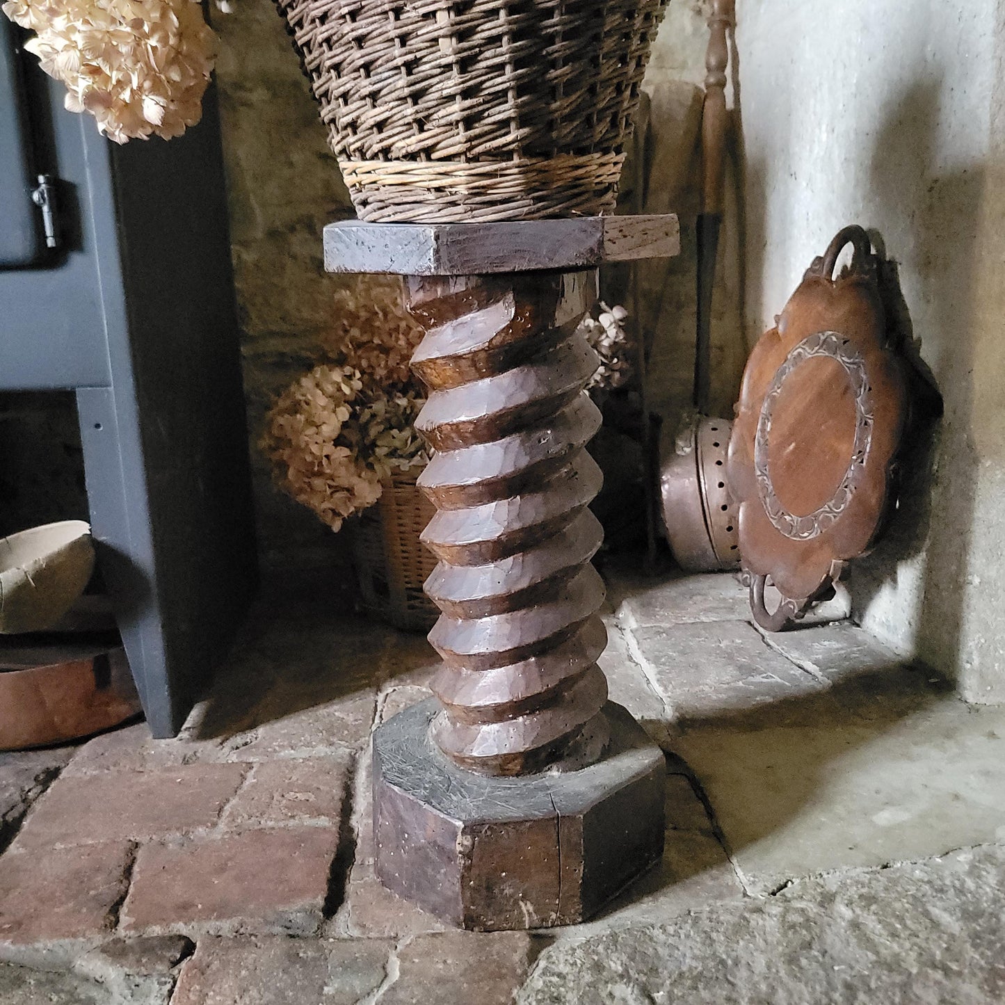 Primitive French Oak Wine Press Screw-form Plant Stand or Plinth, c.1890