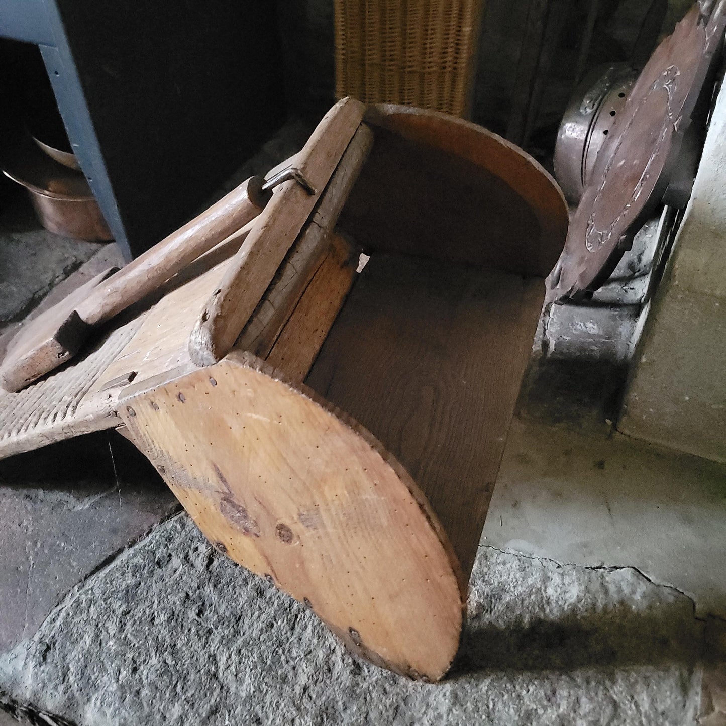 Antique French Oak Washboard with Paddle and Kneeling Stool, c.1920