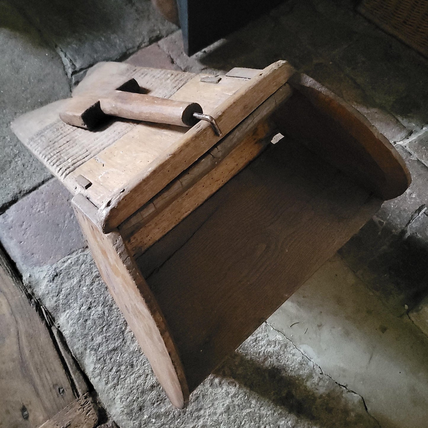 Antique French Oak Washboard with Paddle and Kneeling Stool, c.1920
