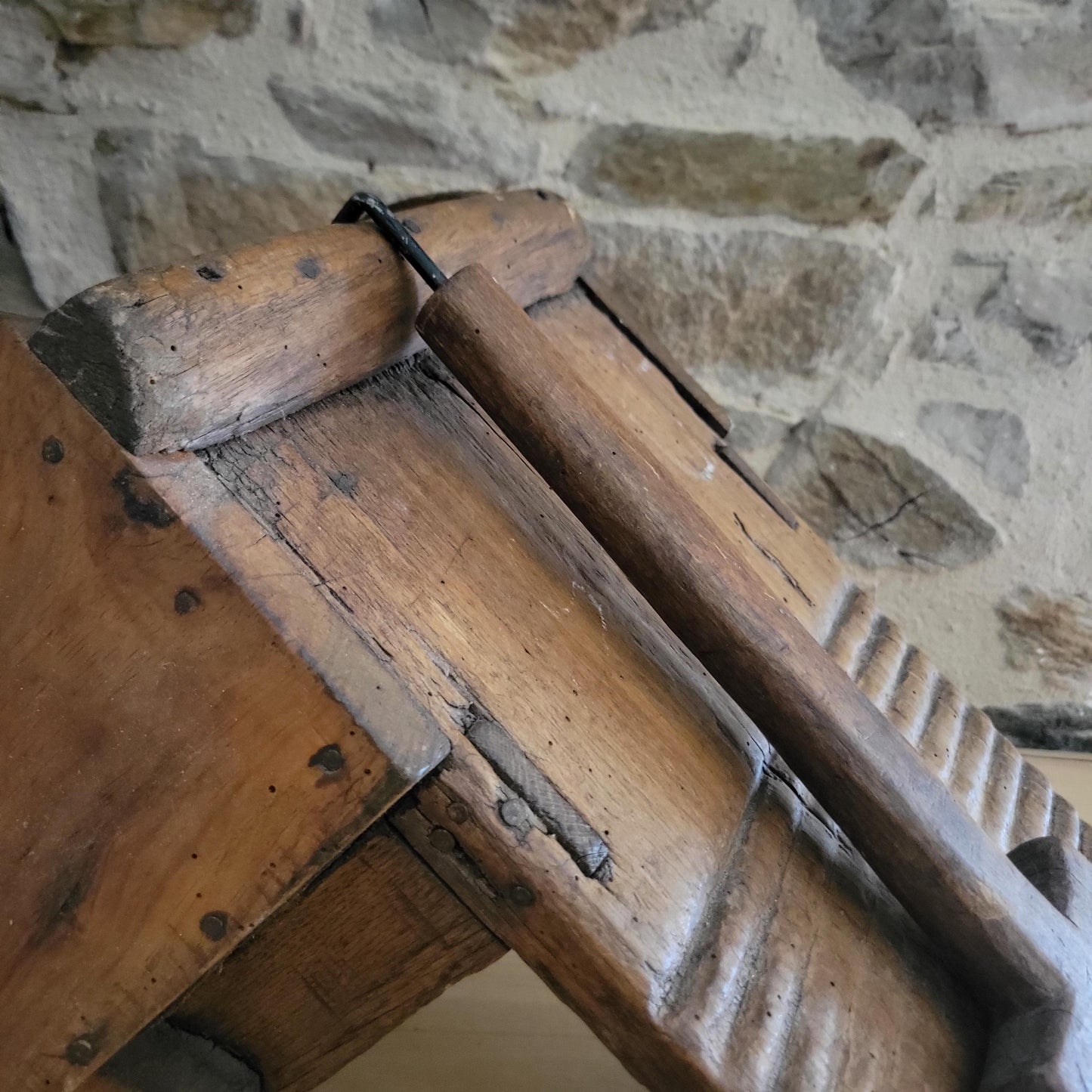 Antique French Oak Washboard with Paddle and Kneeling Stool, c.1920