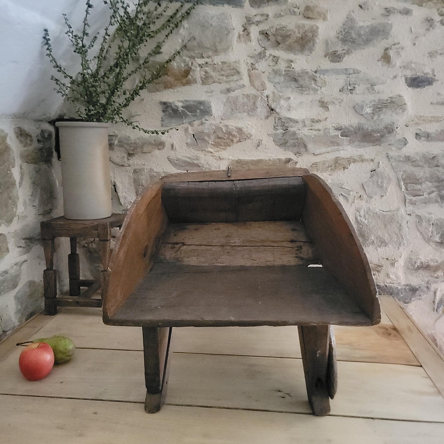 Antique French Oak Washboard with Paddle and Kneeling Stool, c.1920