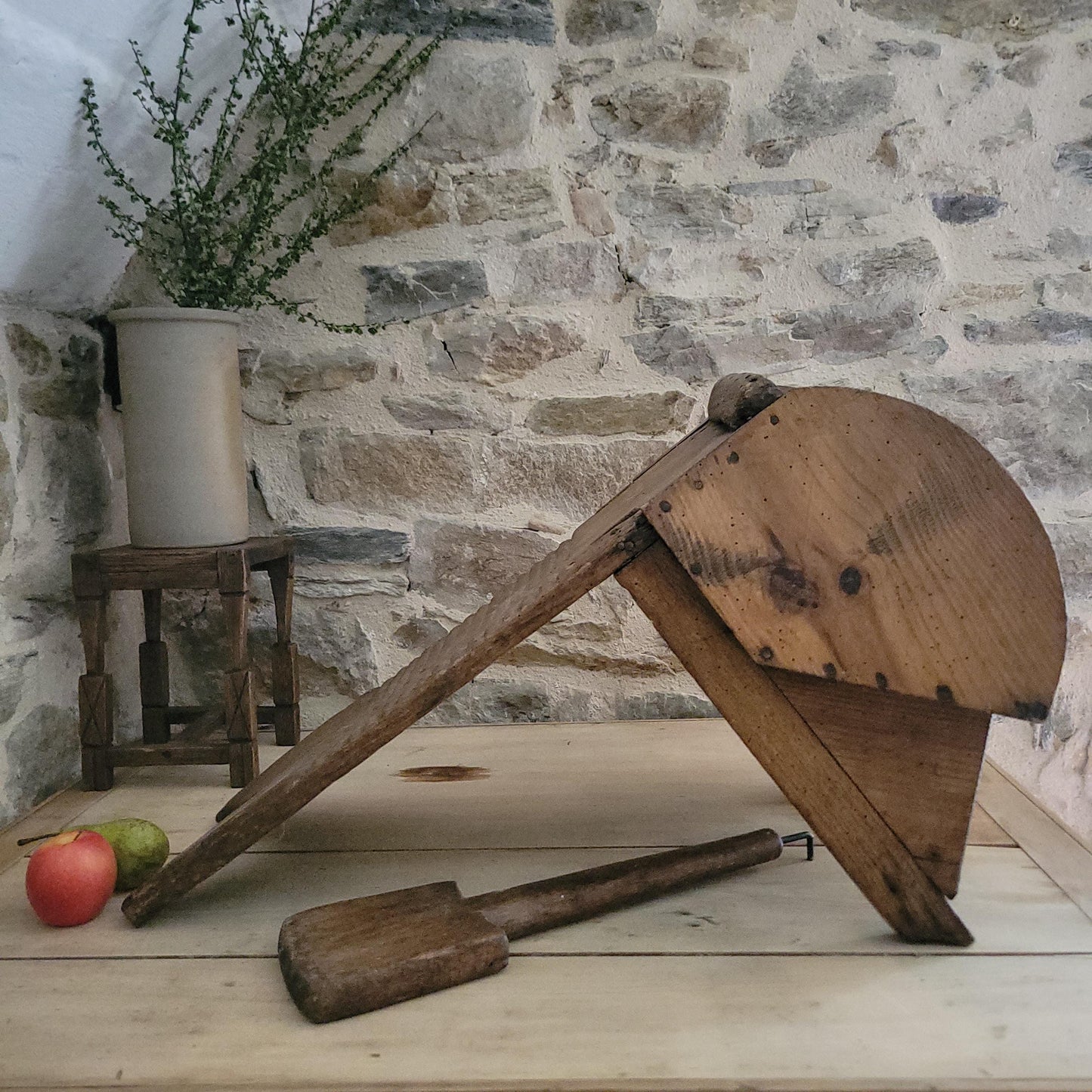 Antique French Oak Washboard with Paddle and Kneeling Stool, c.1920