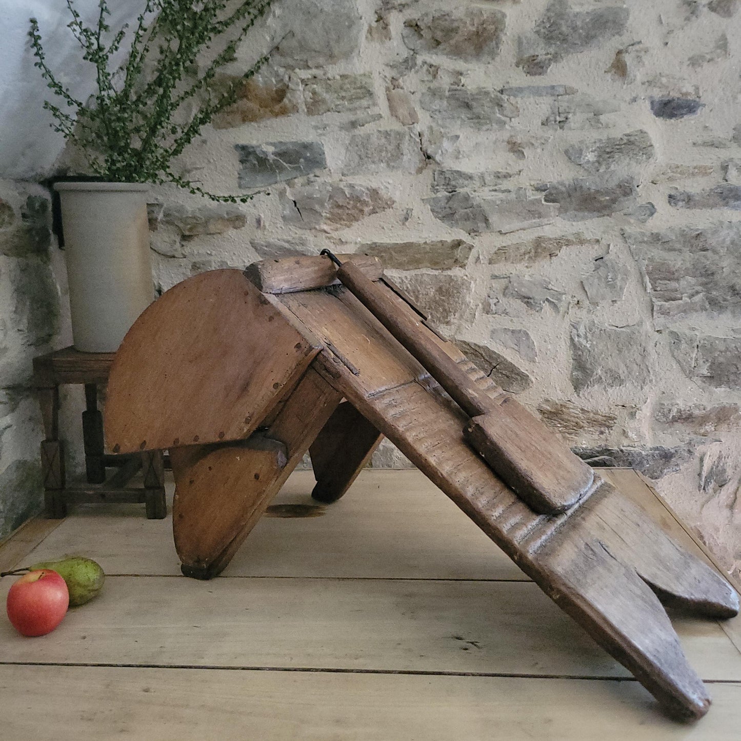 Antique French Oak Washboard with Paddle and Kneeling Stool, c.1920